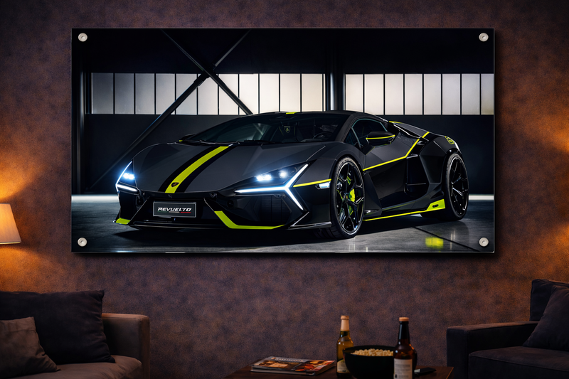 Quadro Revuelto — Neon Verde em Aço Negro (Acrílico Cristal)