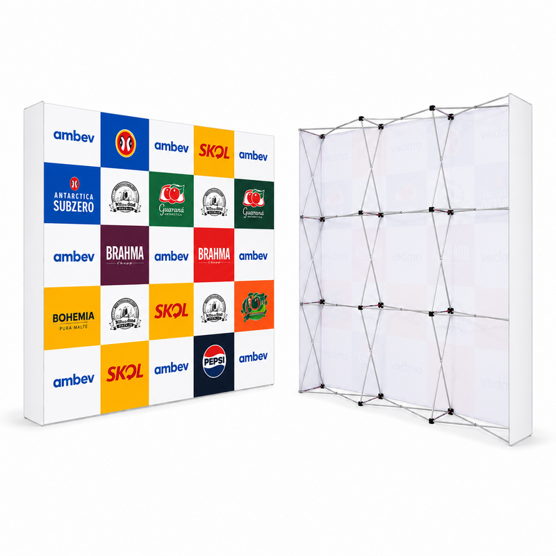Backdrop Pop Up estruturado personalizado, vista frontal e traseira