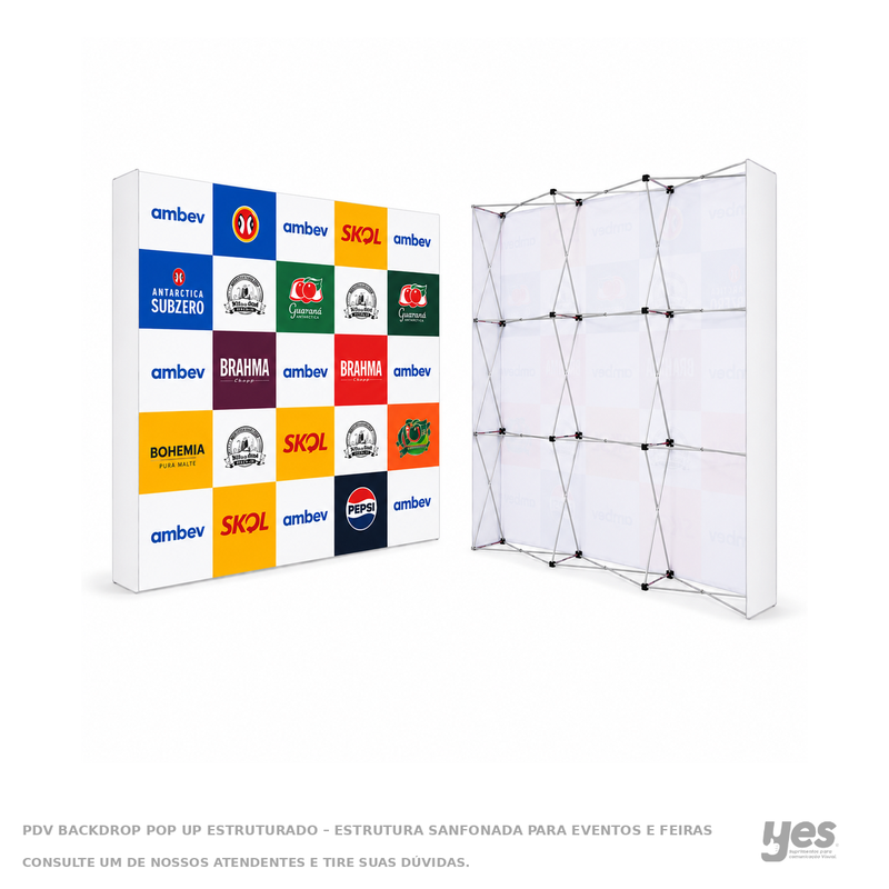 PDV Backdrop Pop Up Estruturado – Estrutura Sanfonada para Eventos e Feiras — foto original com fundo branco e rodapé YES