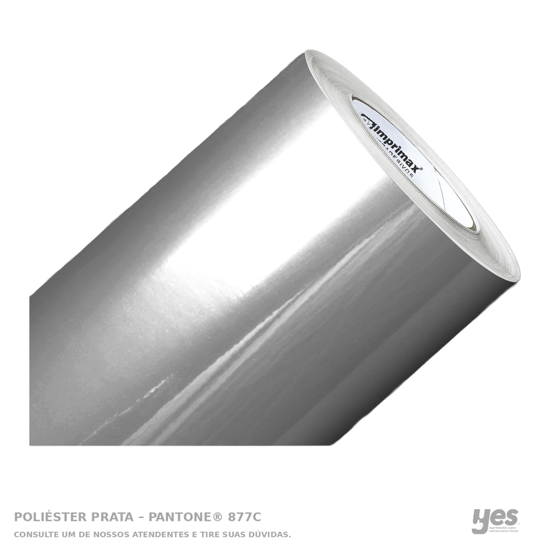 Poliéster Prata – Pantone® 877C — foto original com fundo branco e rodapé YES